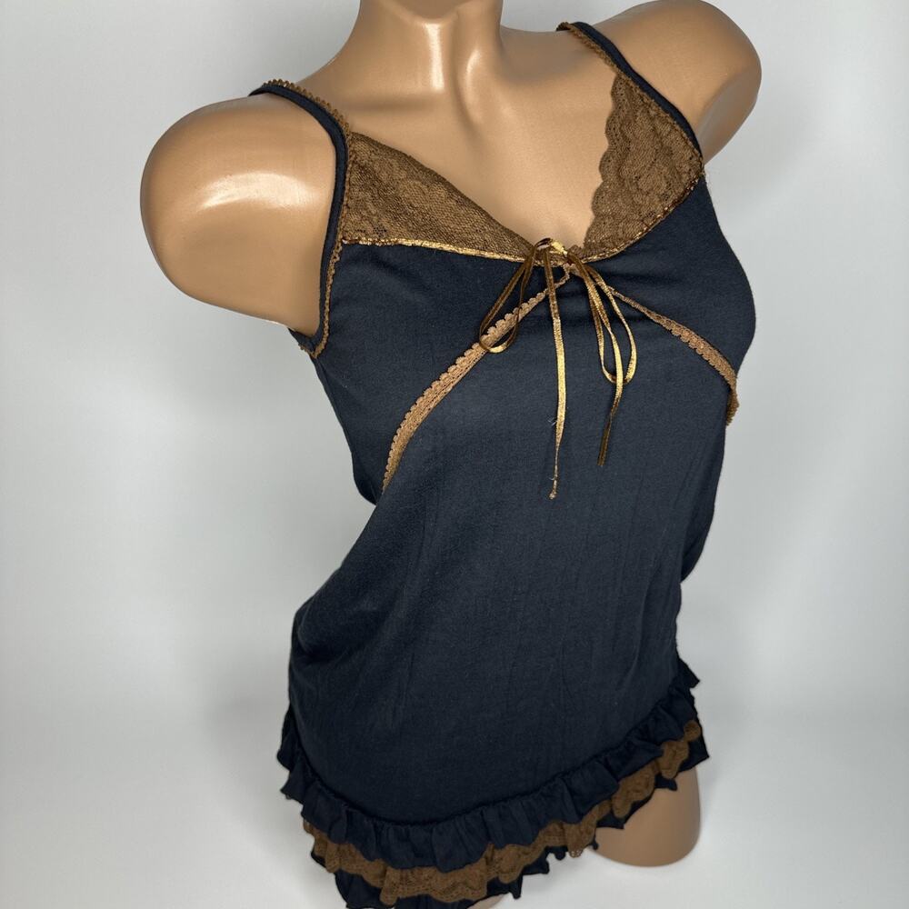 VTG L.A. Dessus Cami Tank Top Black Brown Lace Trim Foil Layering Shirt Med EUC